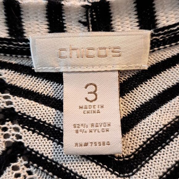 Chico’s Cardigan Top Black White Blue Chevron Lightweight Med Zig Zag Hem Stripe - Picture 6 of 11